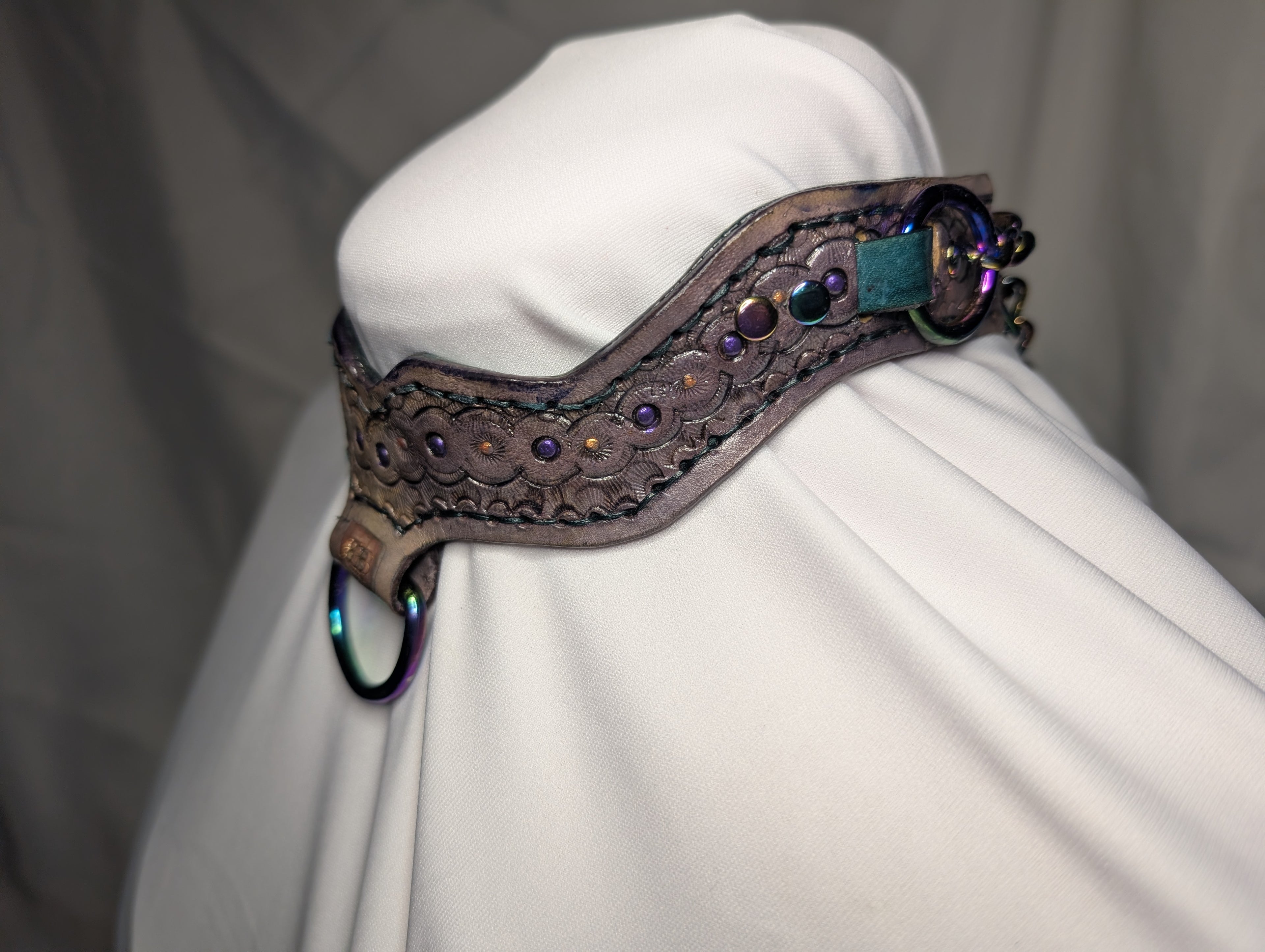 Leather "Rebel Collar" with "choke-her-chain" closure. Purple with green and rainbow plate hardware