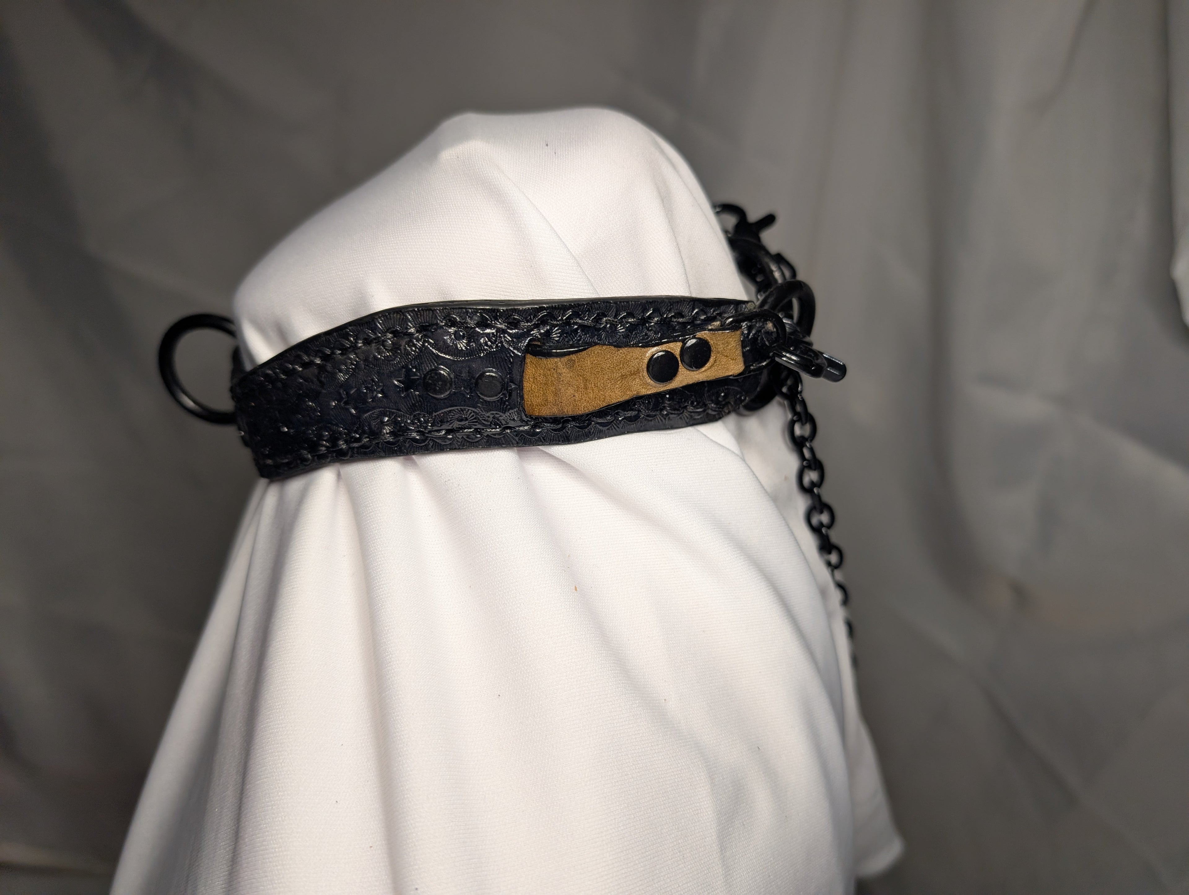 Leather "Straight Edge choke-her-chain"  working collar. Black with brown and black hardware