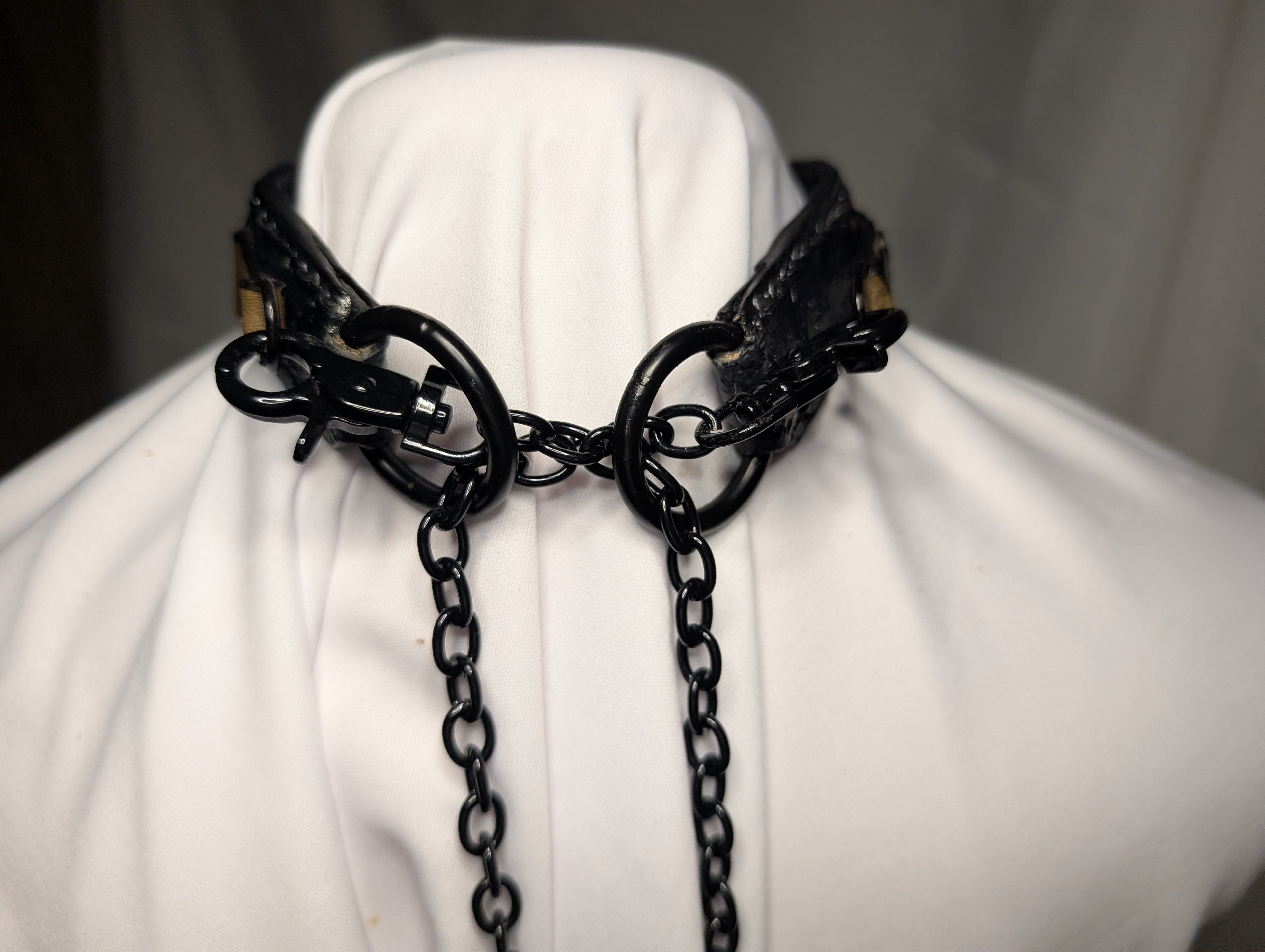 Leather "Straight Edge choke-her-chain"  working collar. Black with brown and black hardware