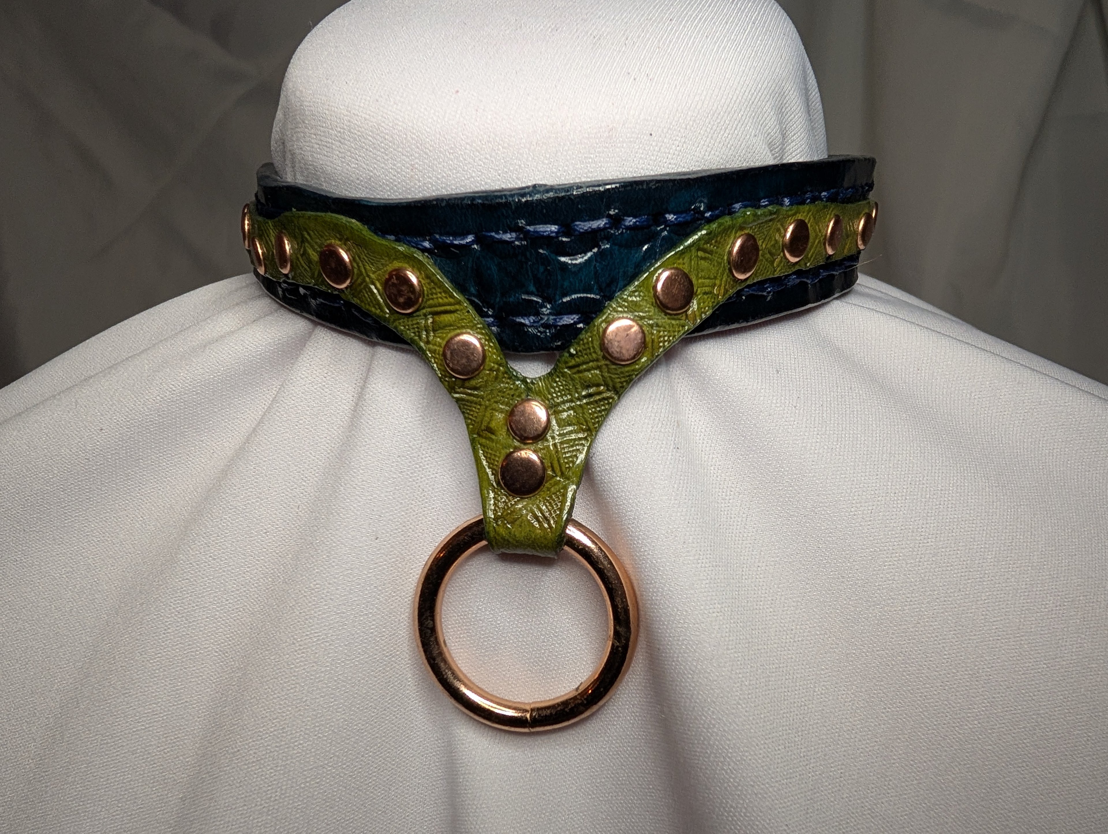 Straight cut collar with choker chain and riveted ring strap; blue and green