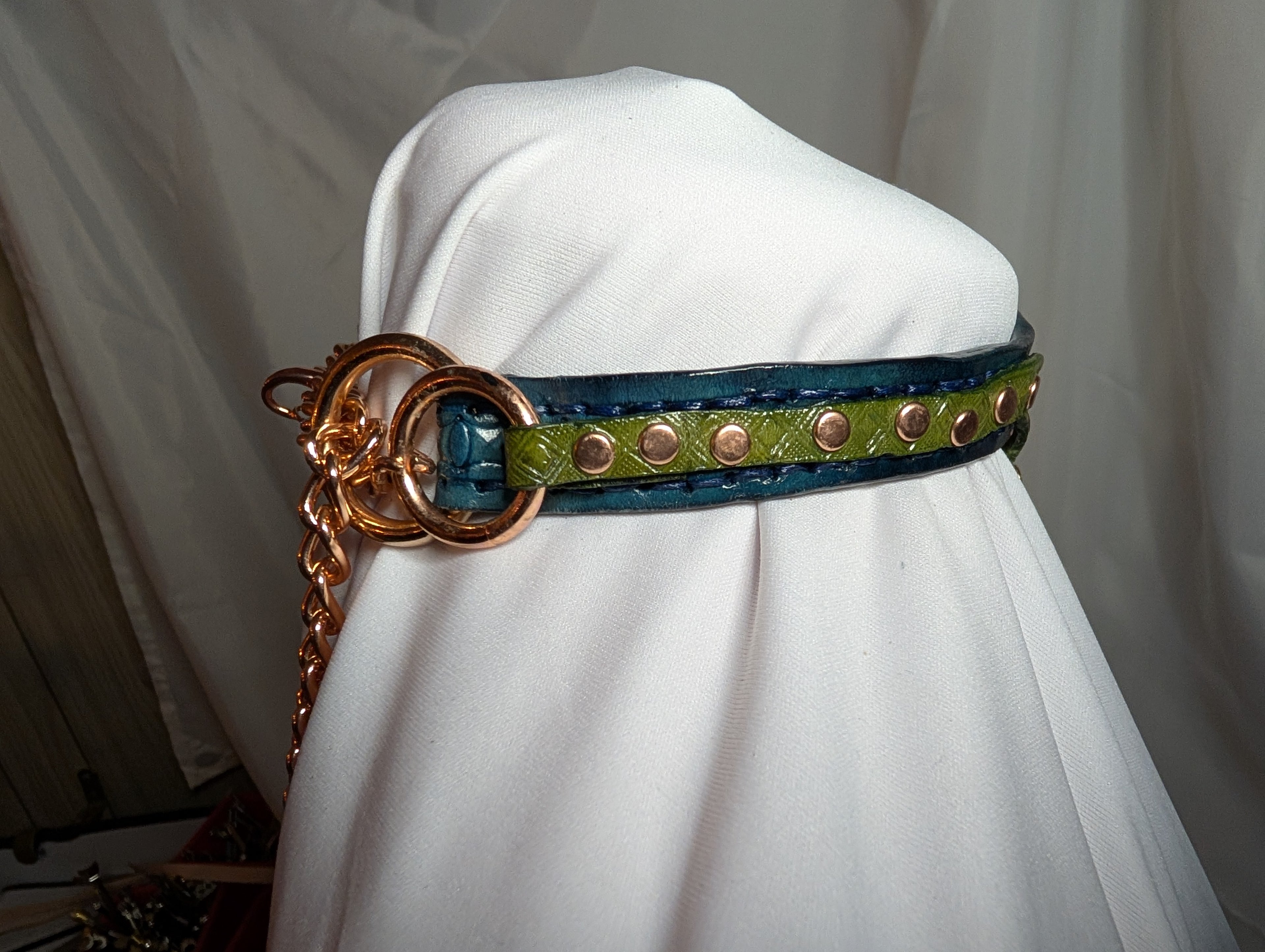 Straight cut collar with choker chain and riveted ring strap; blue and green