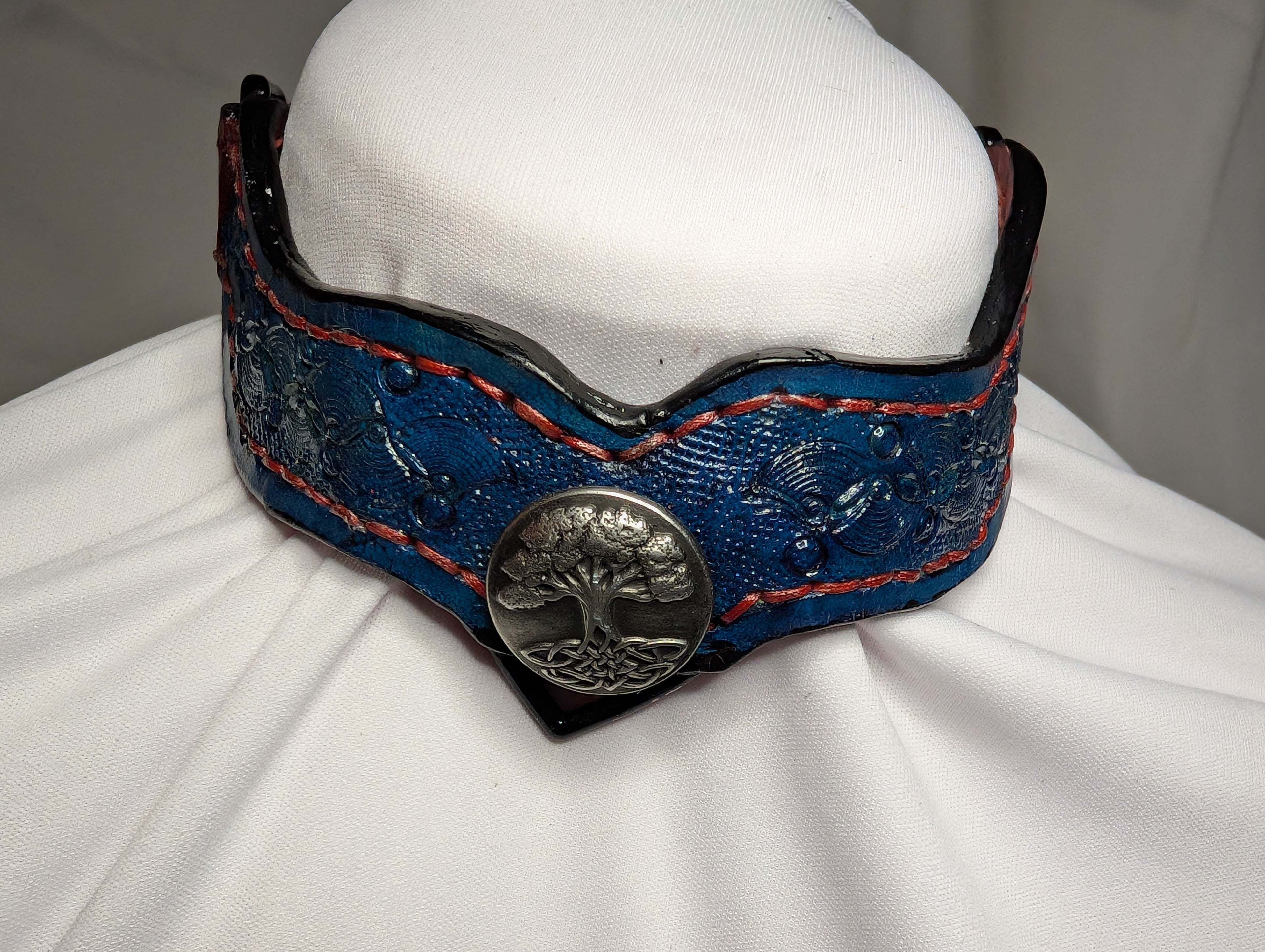 Blue Leather Working Collar, Tree of life concho w/ locking buckle inc heart padlock