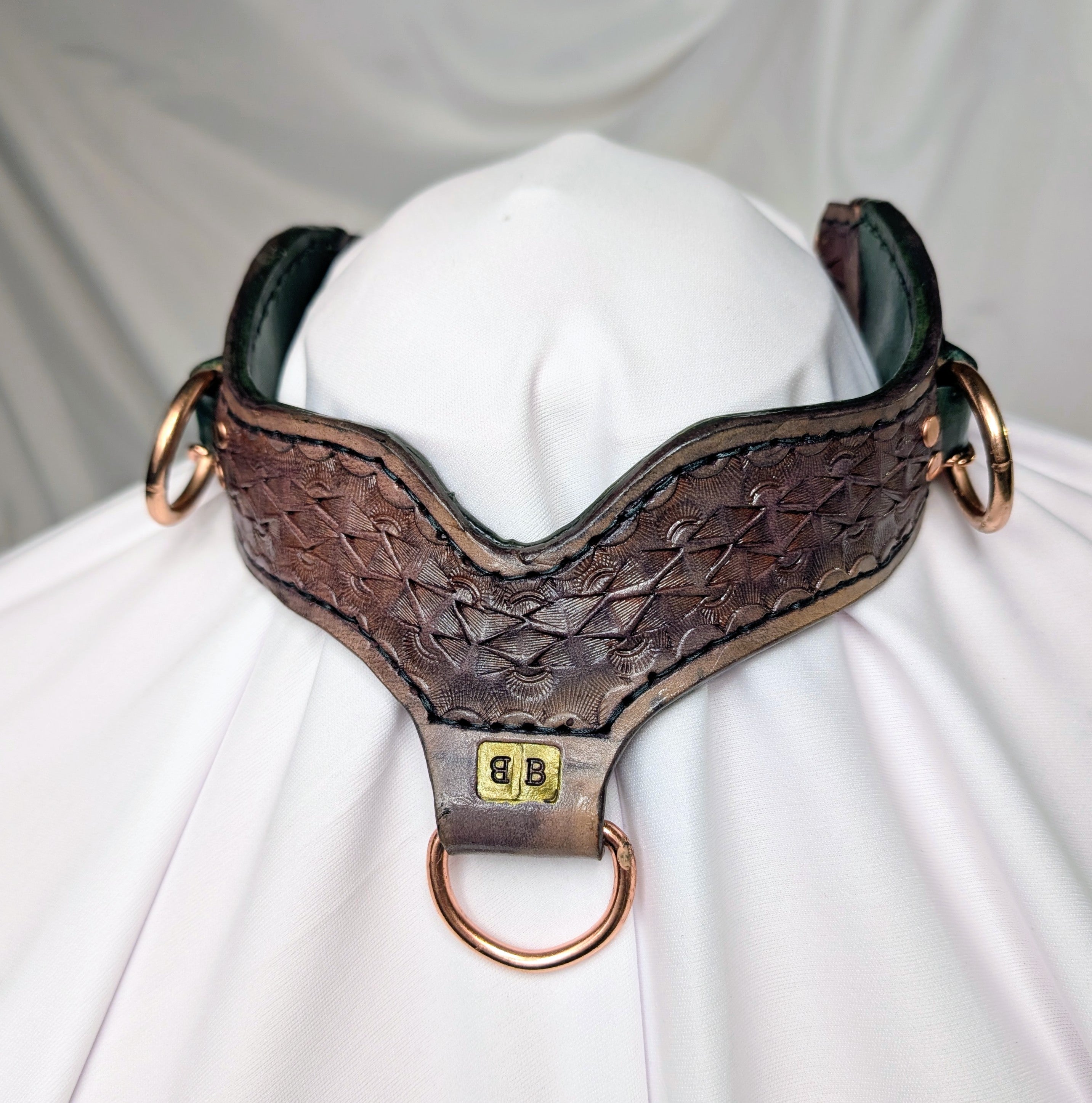Purple and Green chunky leather collar with copper plate choker chain, bondage rings