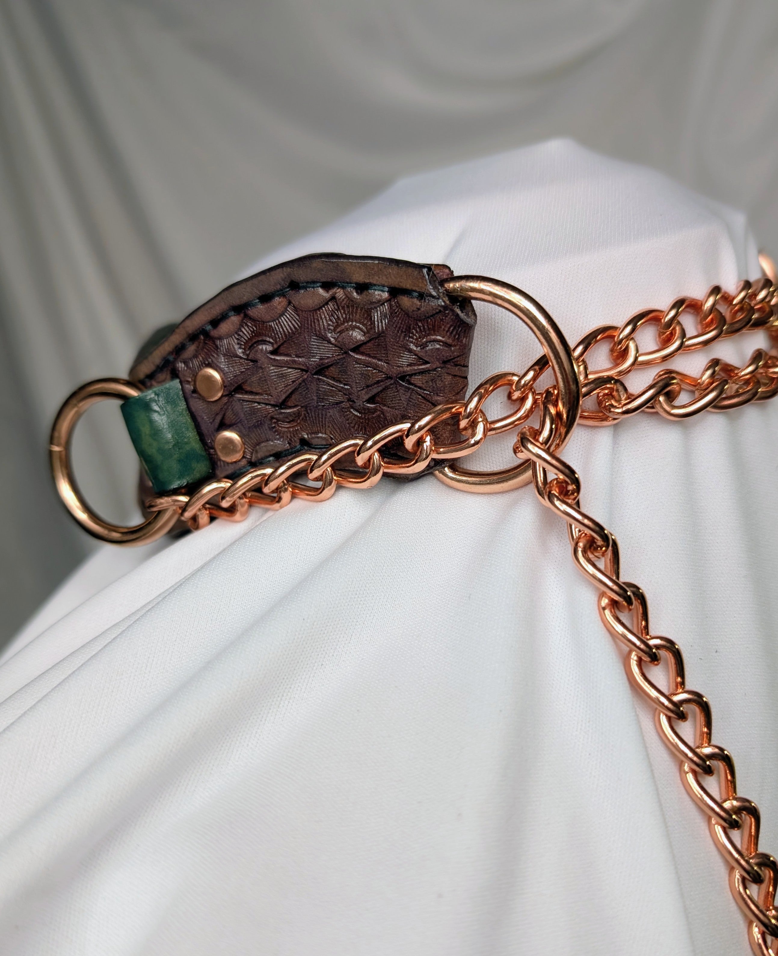 Purple and Green chunky leather collar with copper plate choker chain, bondage rings