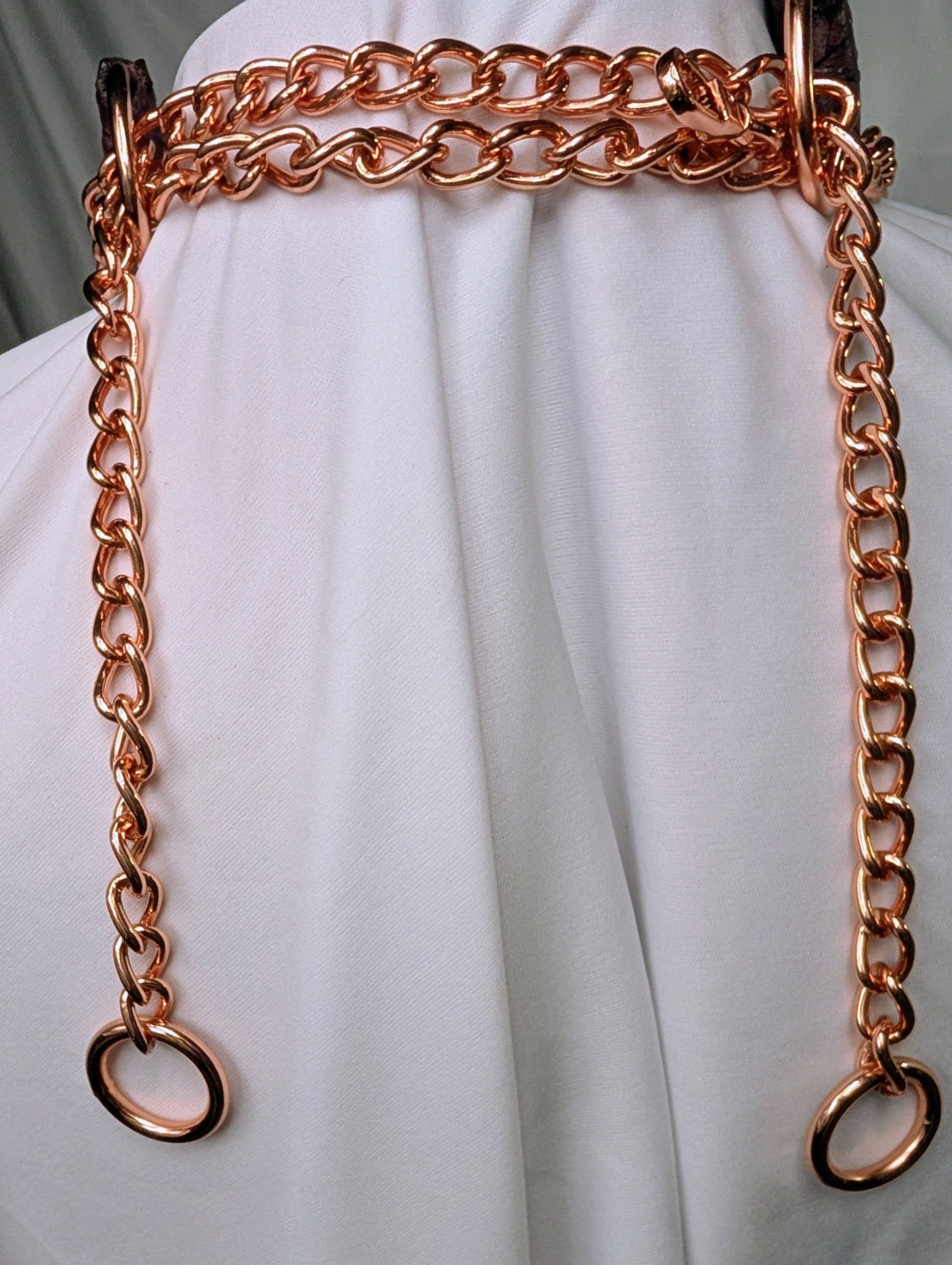 Purple and Green chunky leather collar with copper plate choker chain, bondage rings