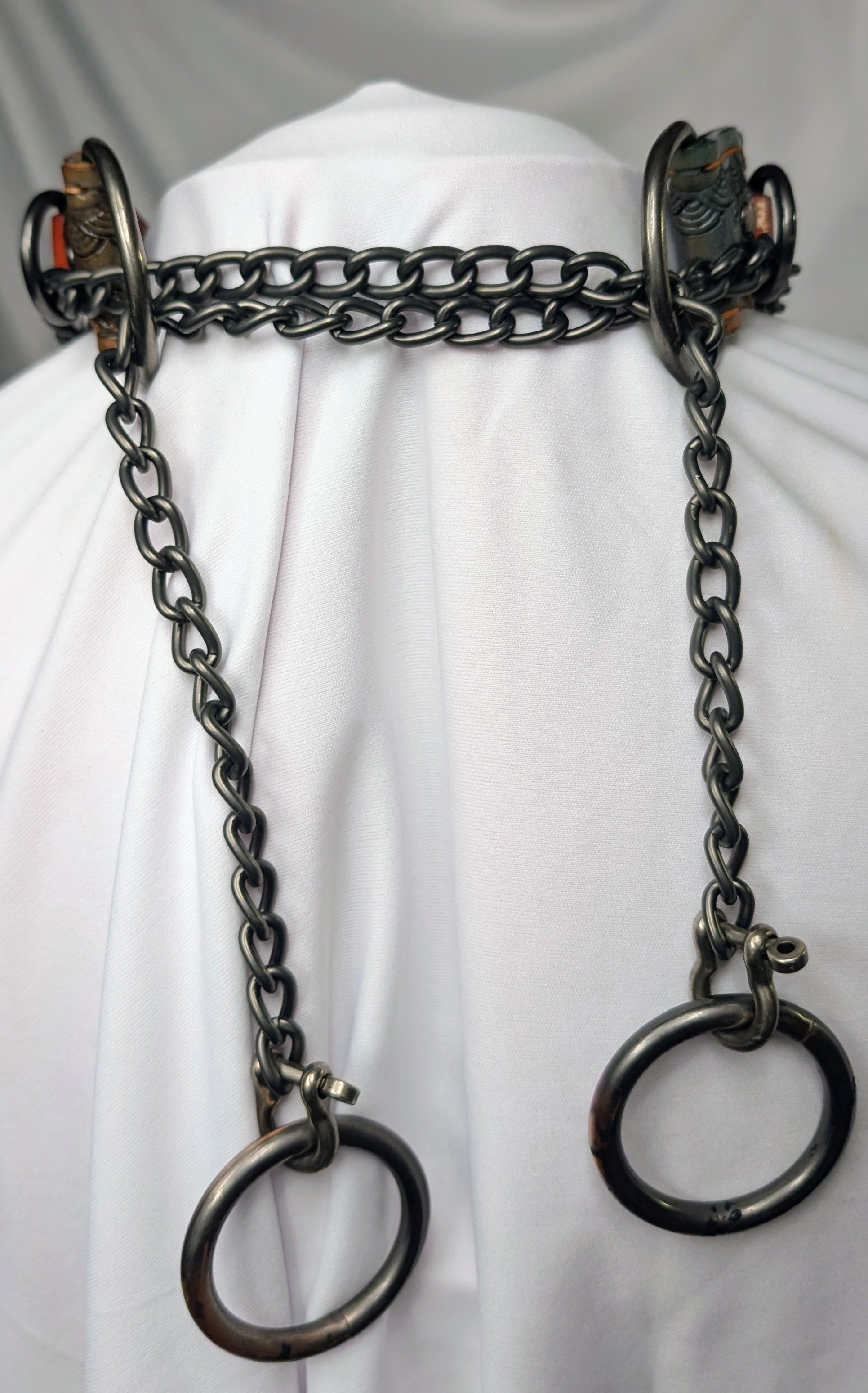 Chunky leather working collar with choker chain, blue and orange