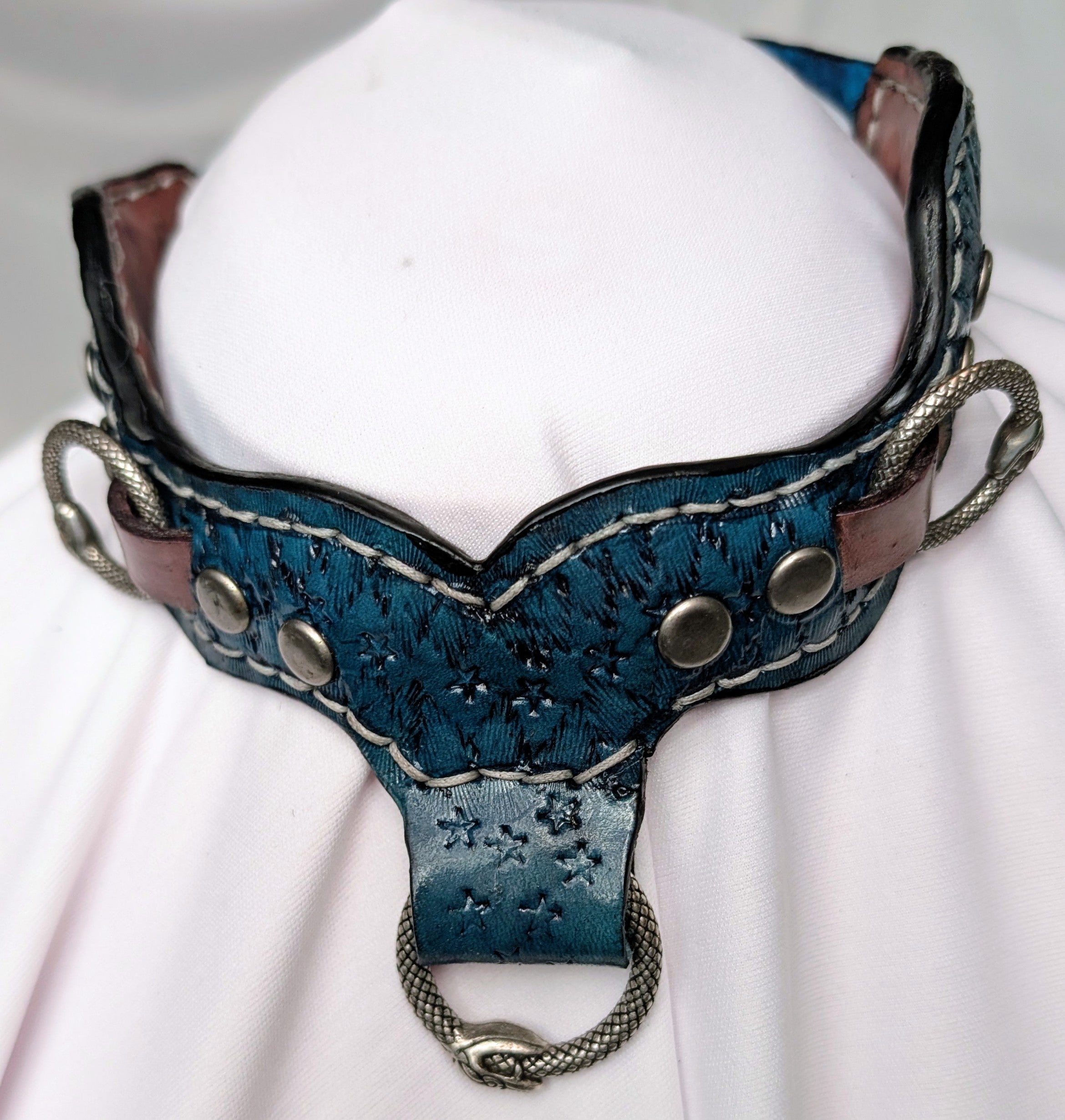 Blue and purple leather buckled working collar with infinity snake hardware