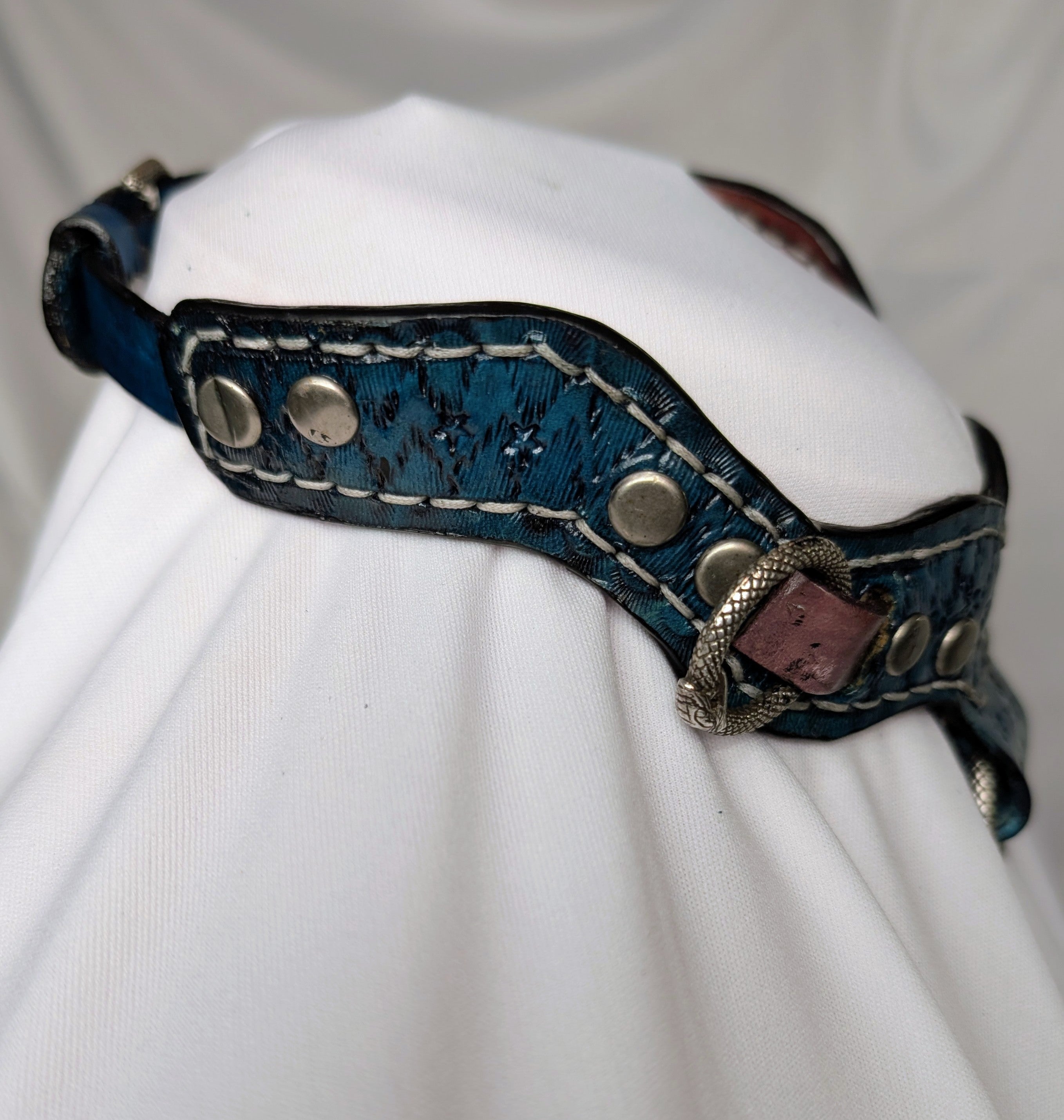 Blue and purple leather buckled working collar with infinity snake hardware