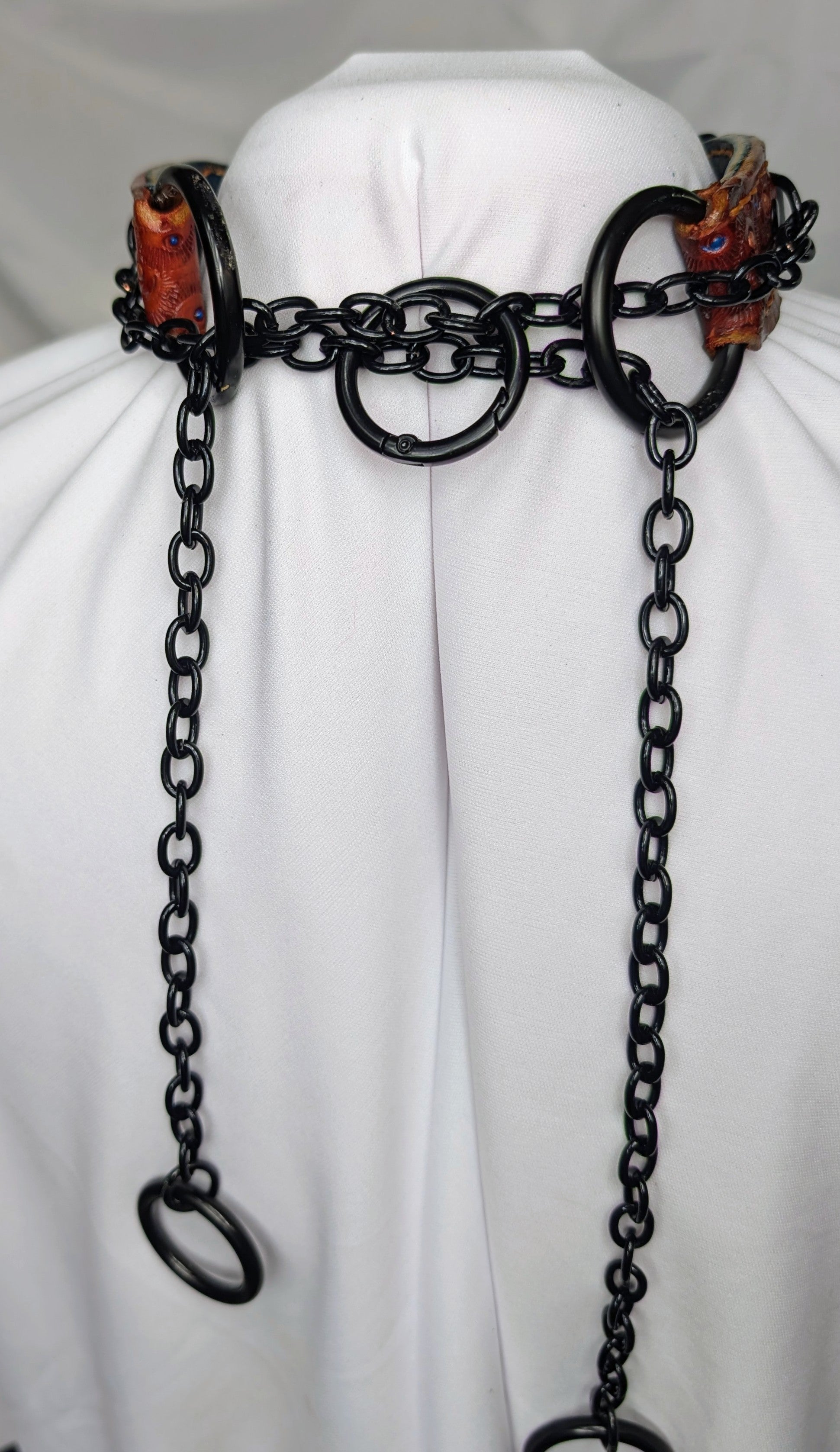 Choker Chain working collar with black heart rings, Brown