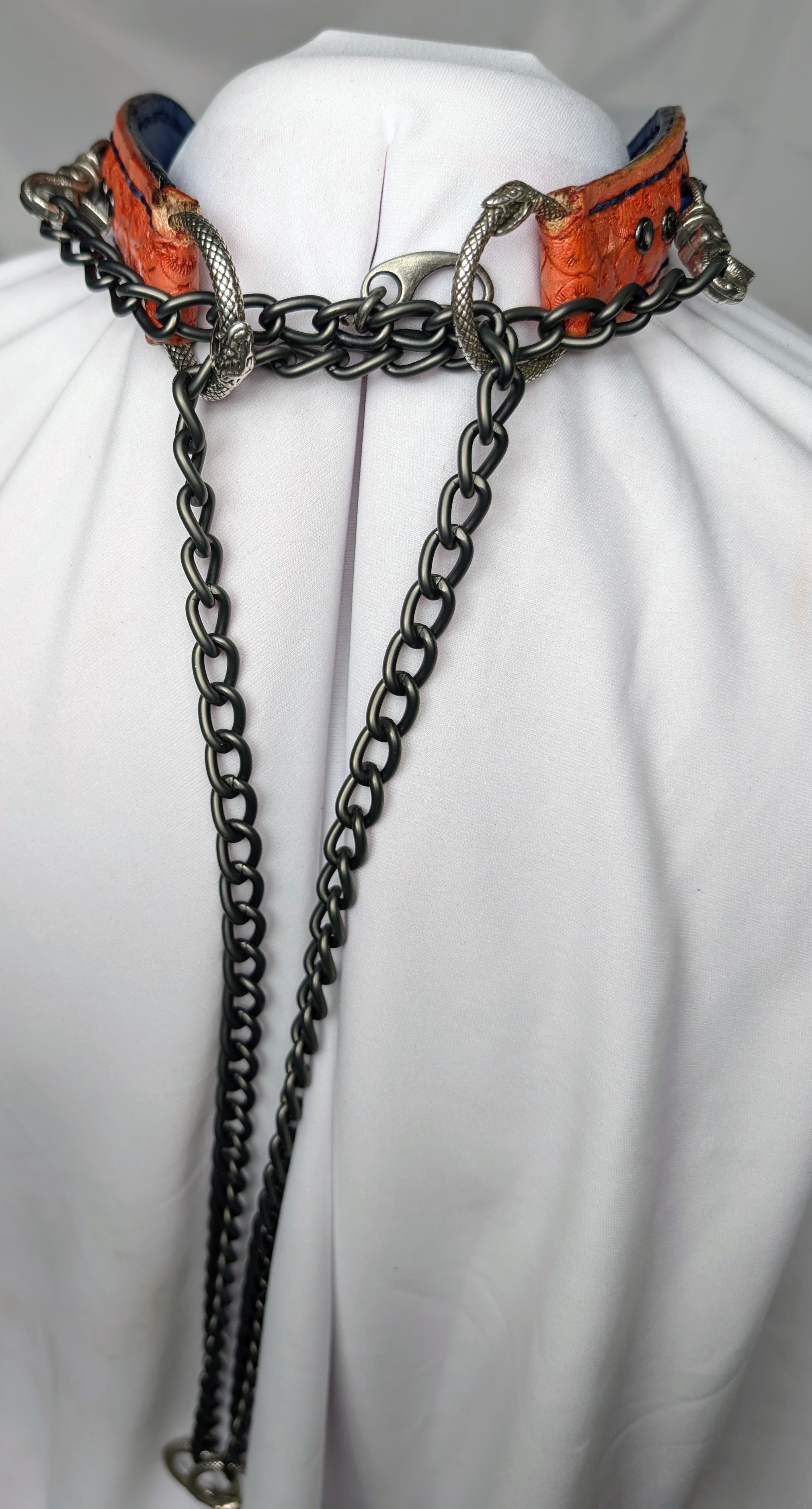 Orange & Blue leather collar, choker chain with infinity snake hardware