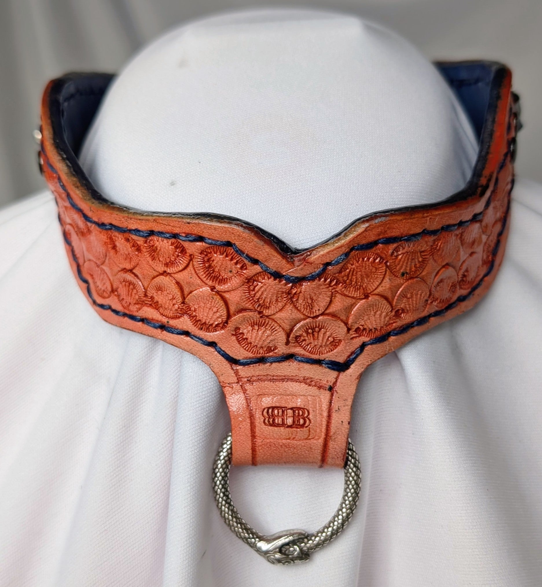 Orange & Blue leather collar, choker chain with infinity snake hardware