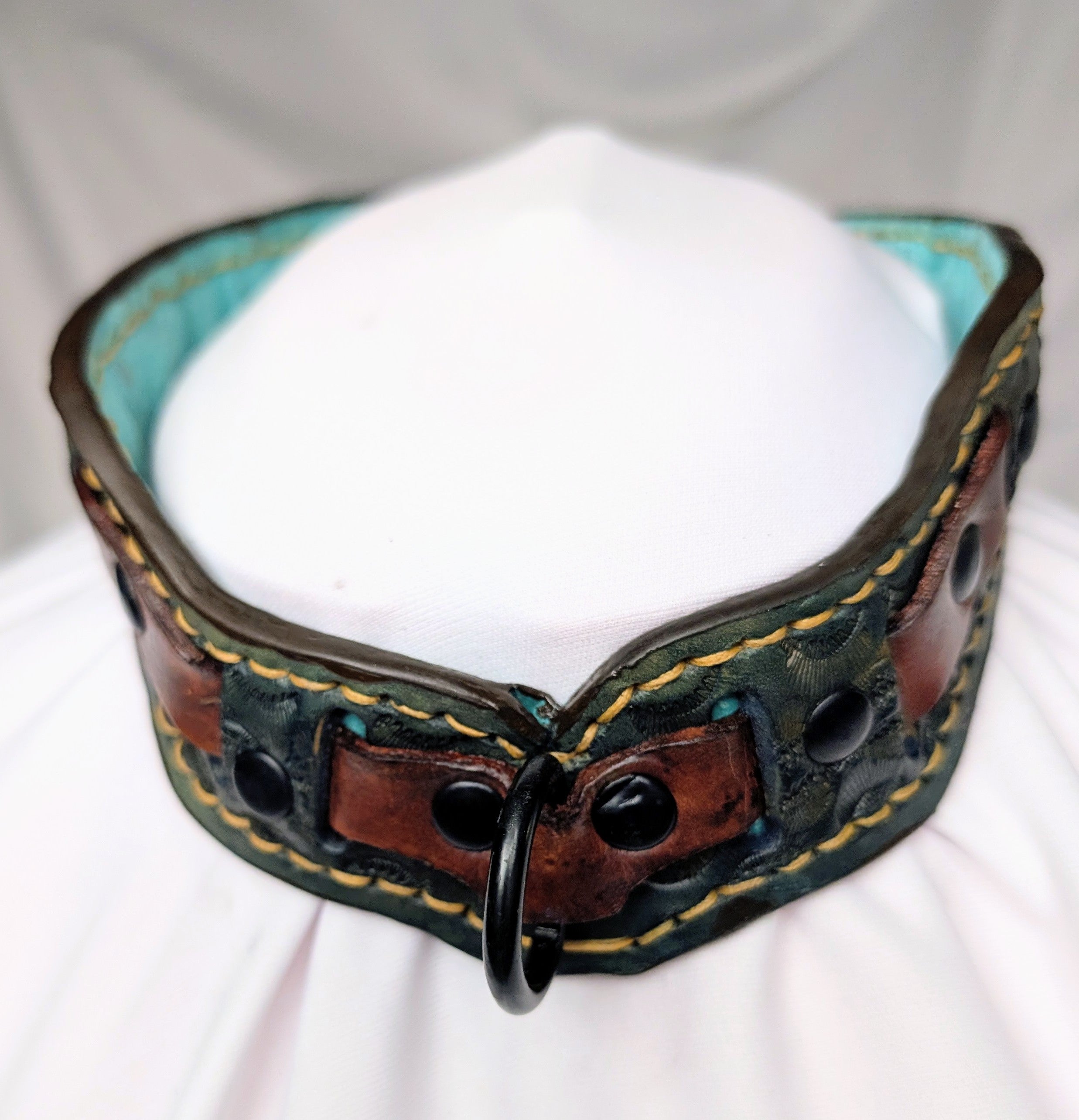 Locking buckled veg-tan collar w/ suede lining, brown on blue