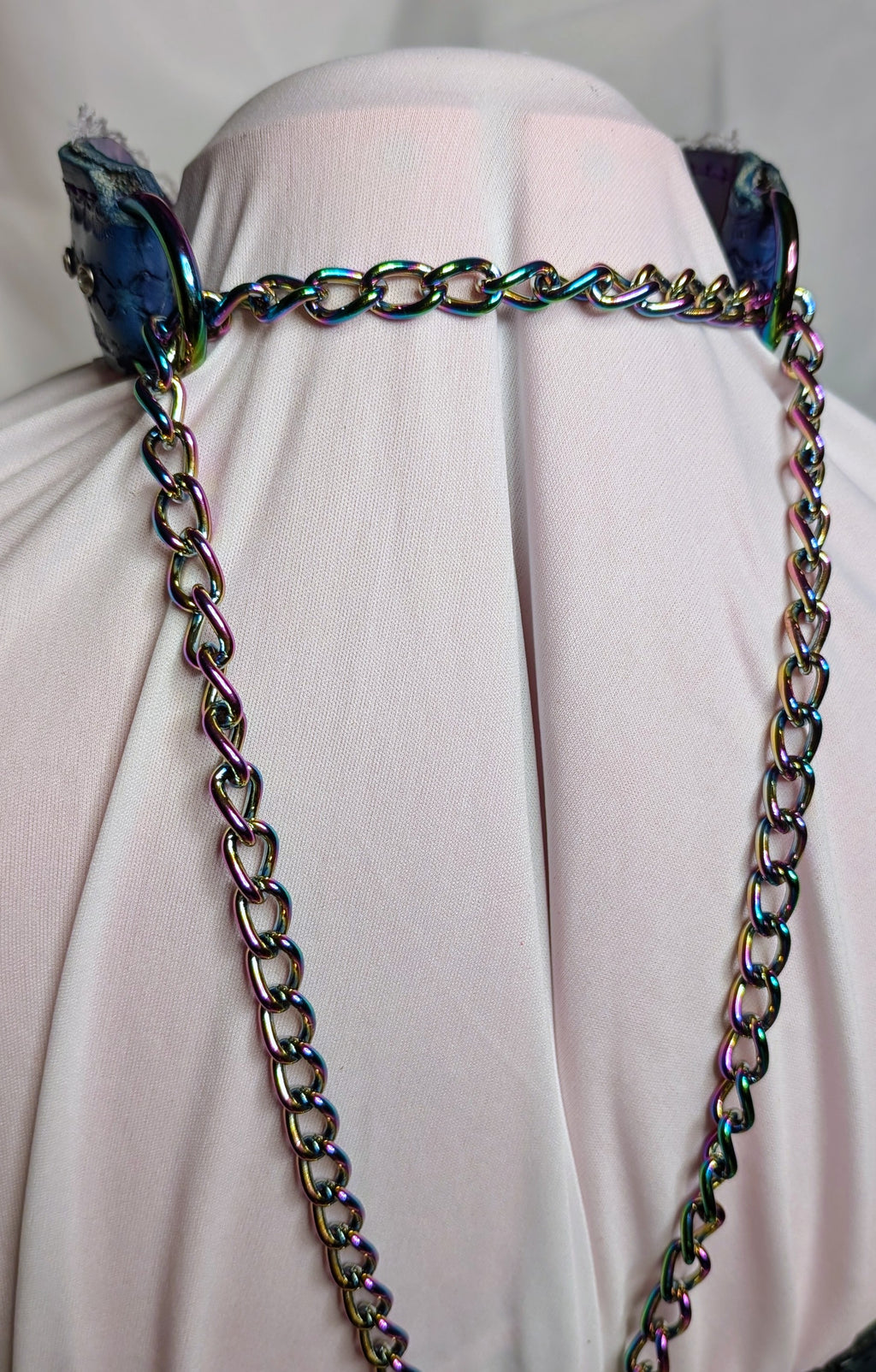 Blue Leather Choker Chain Collar with  rhinestones and white lace trim