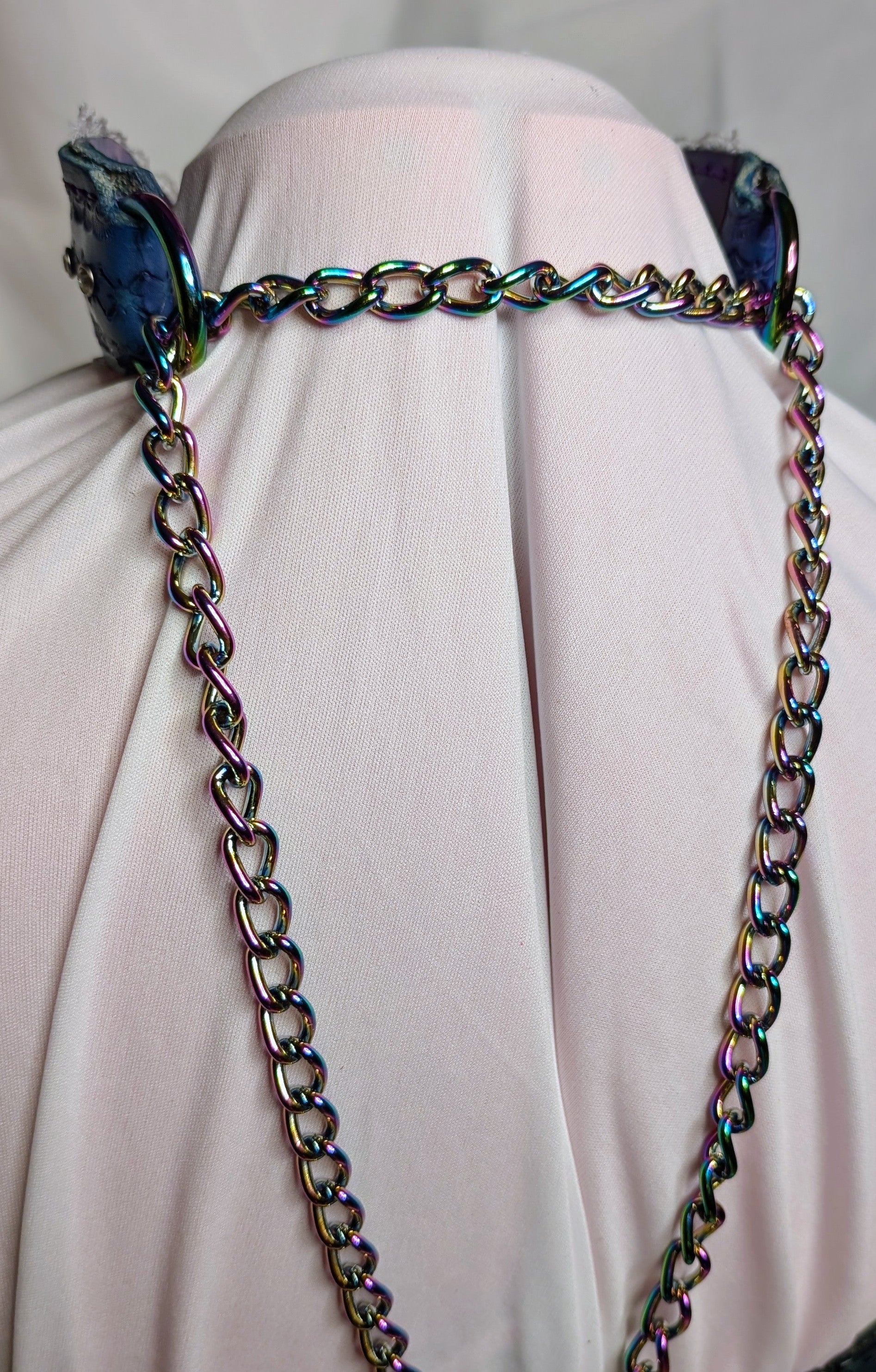 Blue Leather Choker Chain Collar with  rhinestones and white lace trim