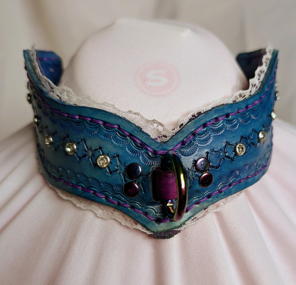 Blue Leather Choker Chain Collar with  rhinestones and white lace trim