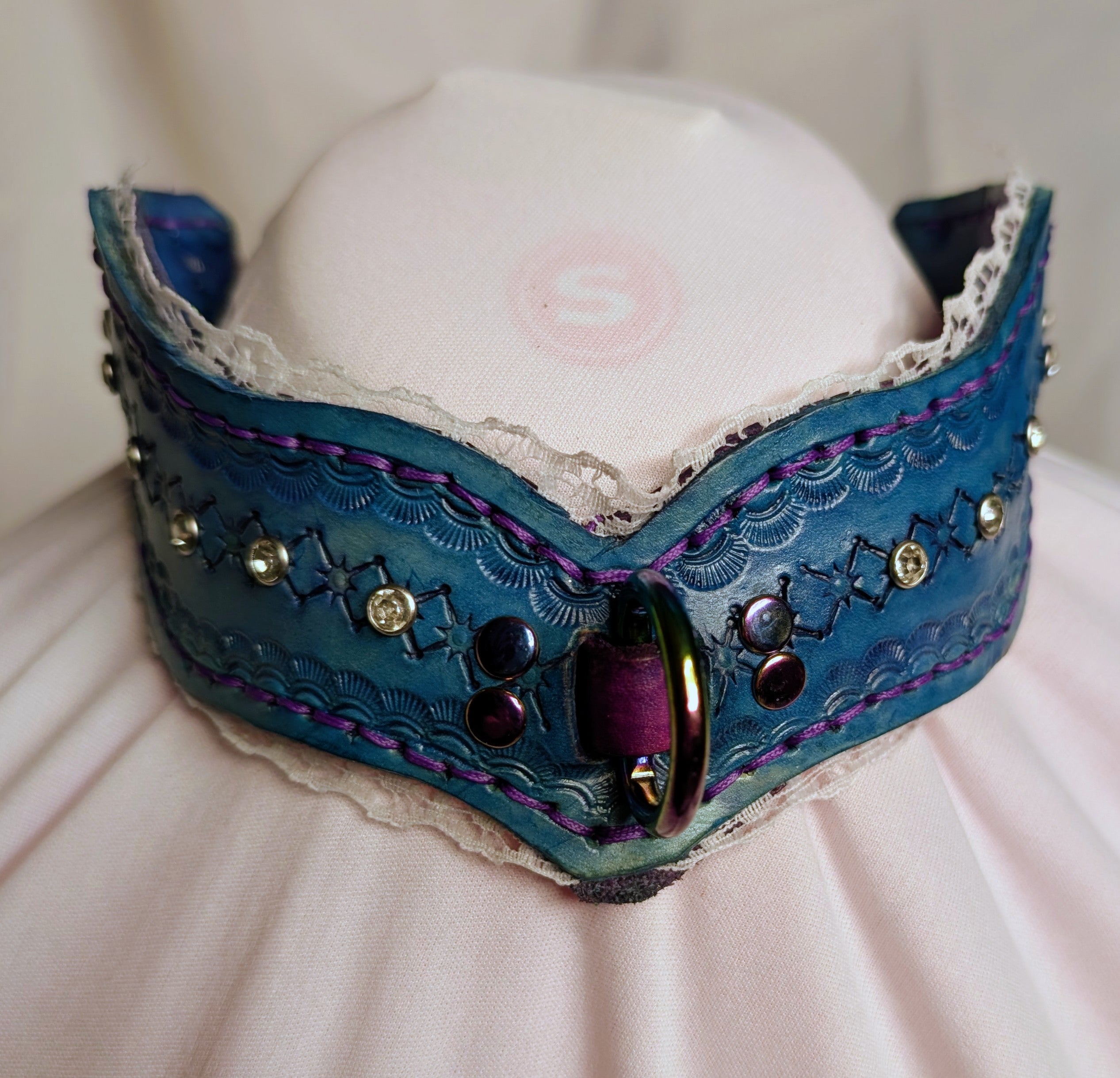 Blue Leather Choker Chain Collar with  rhinestones and white lace trim