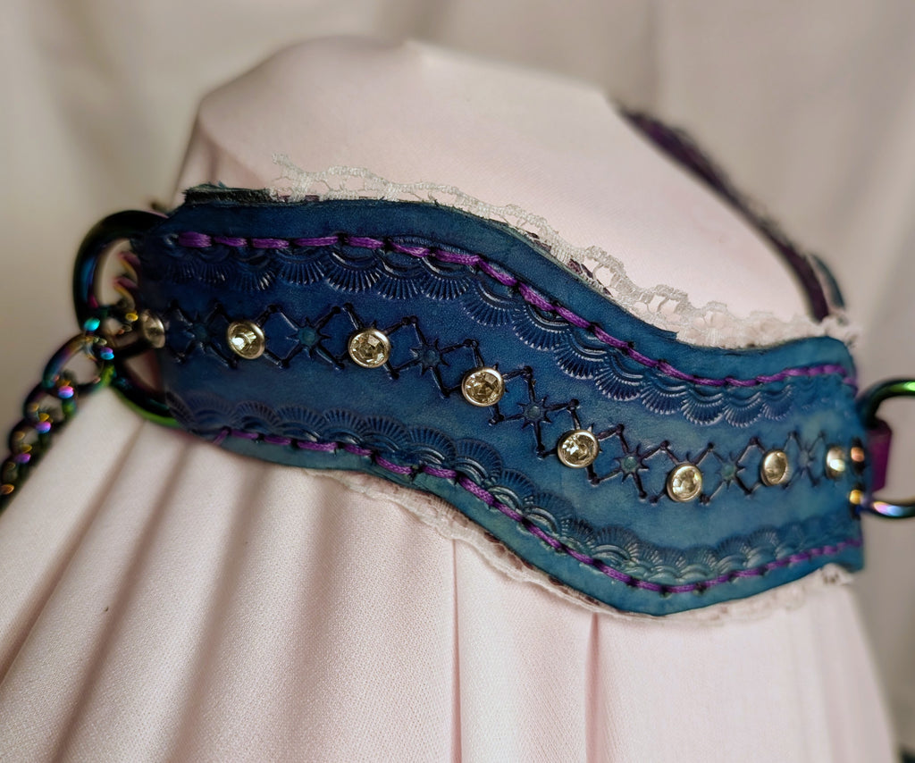Blue Leather Choker Chain Collar with  rhinestones and white lace trim
