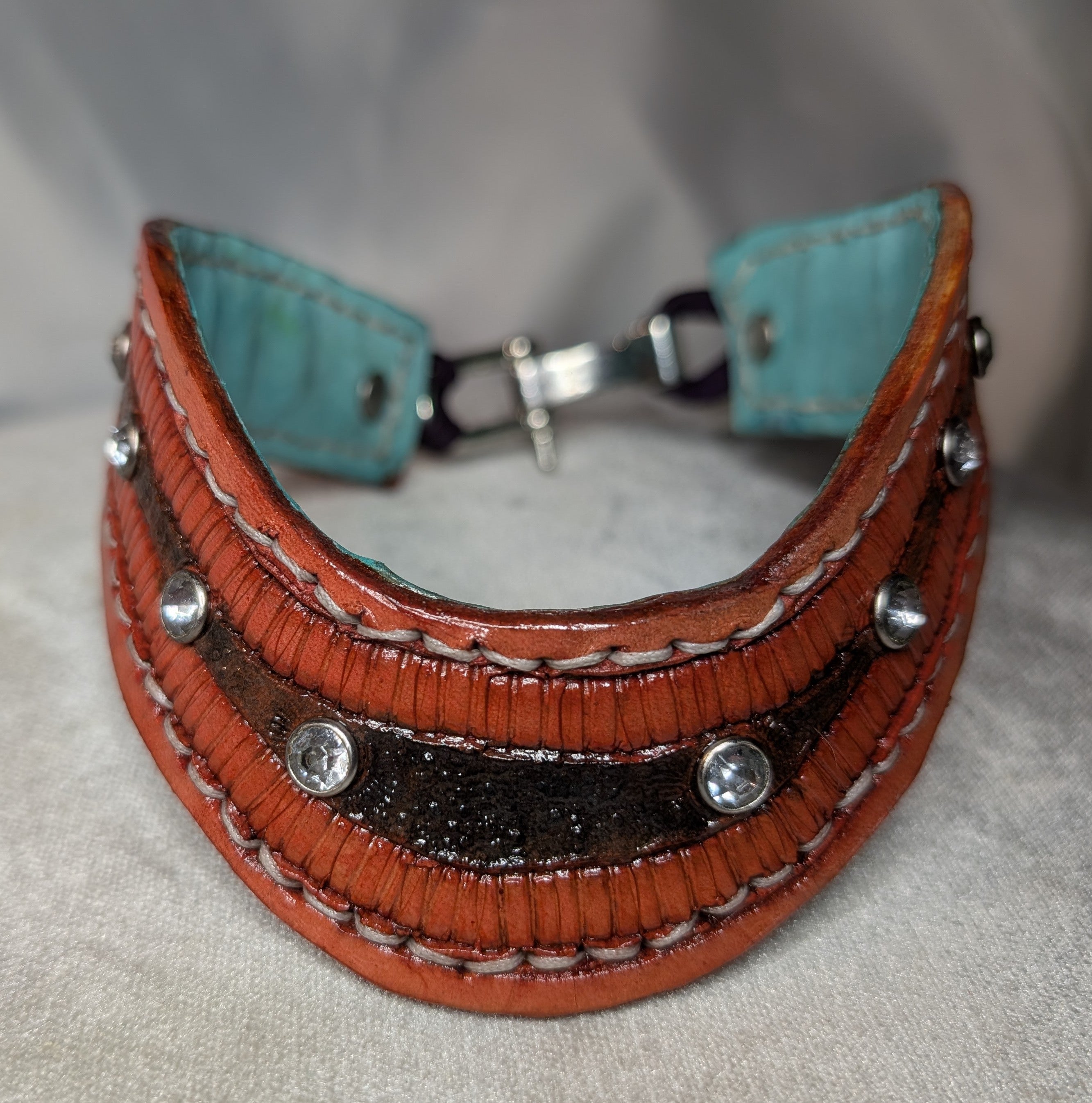 Day Collar, with rhinestones and suede lined. Red and purple