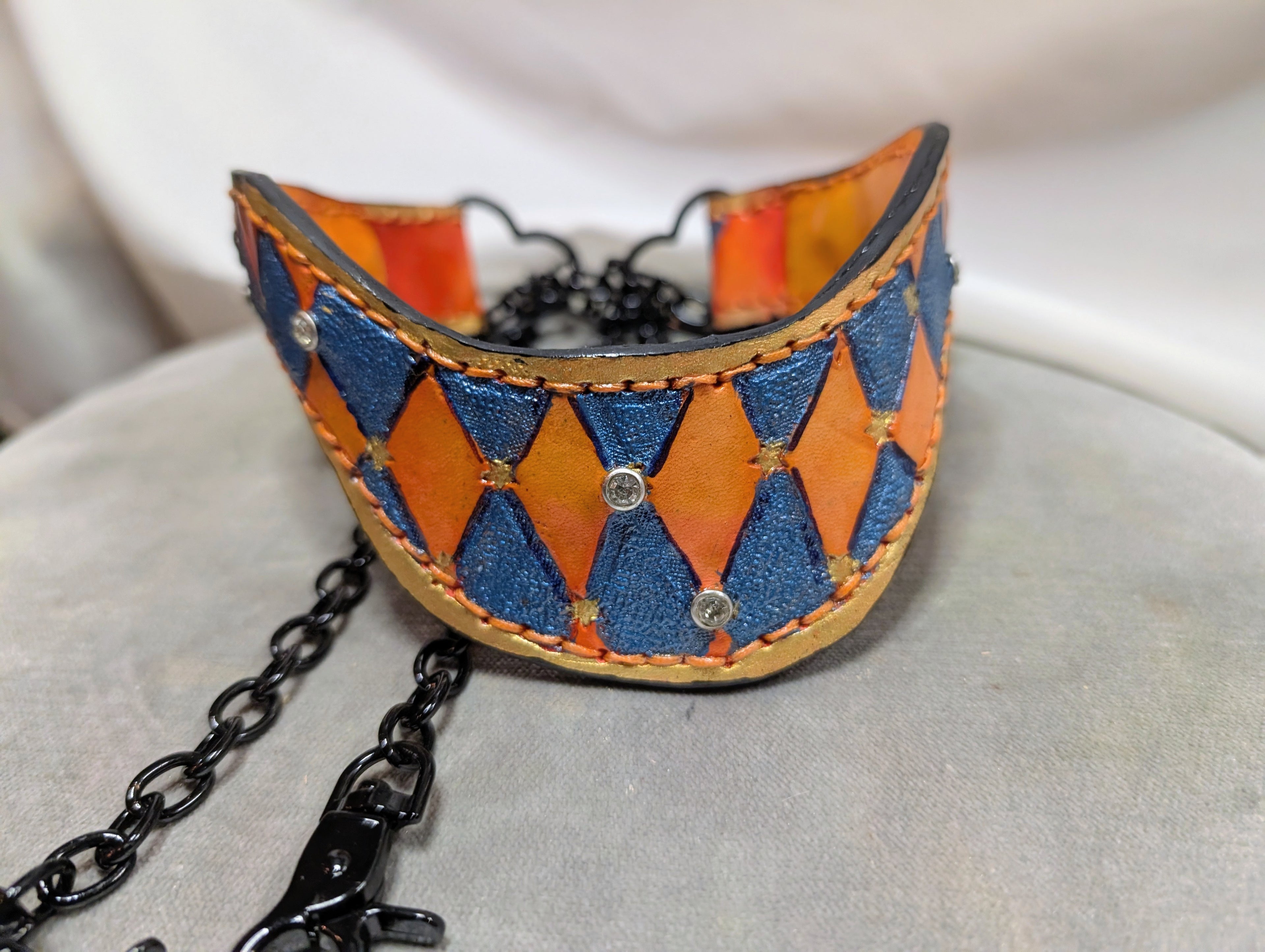 Orange choker chain leather collar with snap hooks