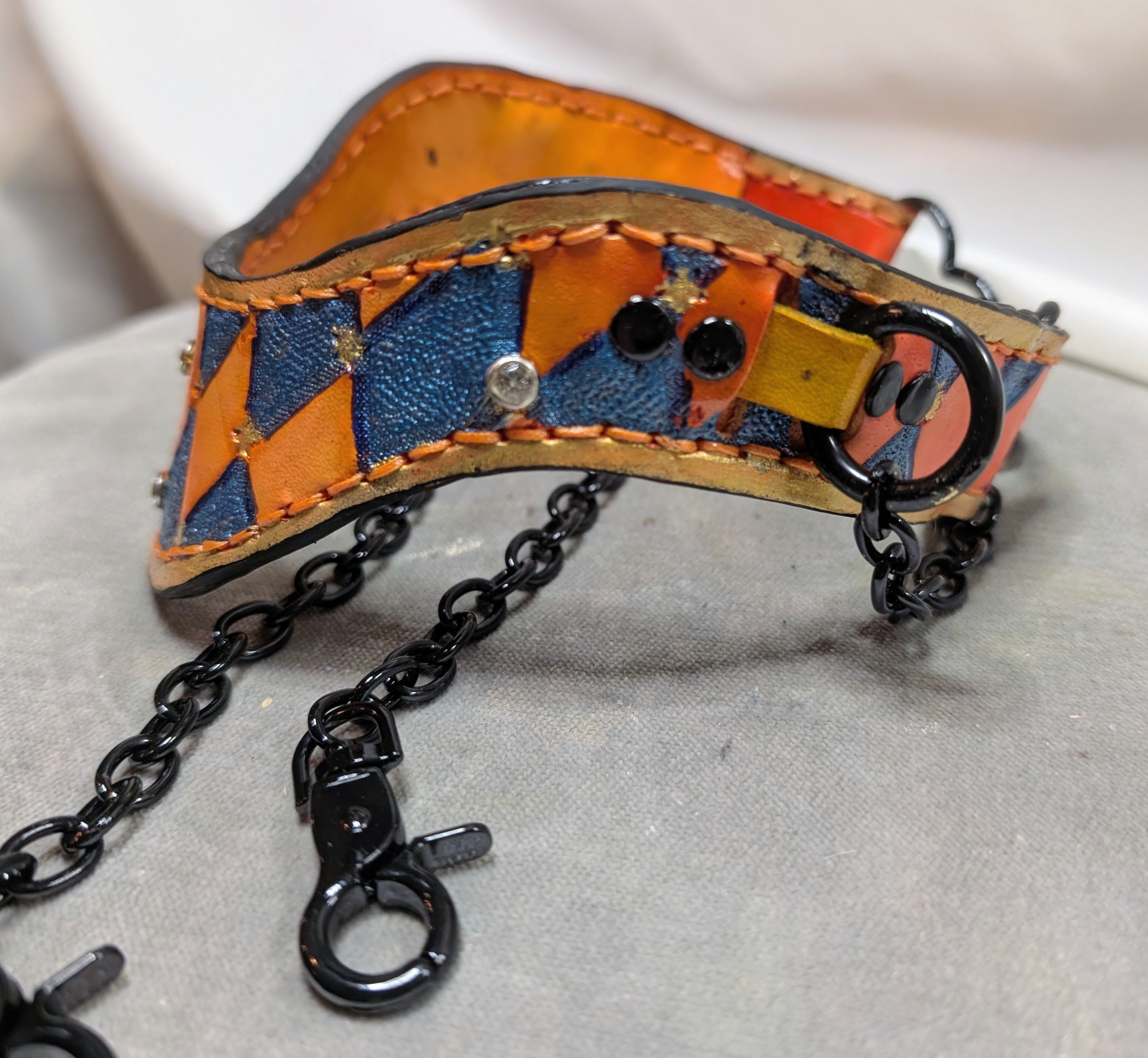 Orange choker chain leather collar with snap hooks