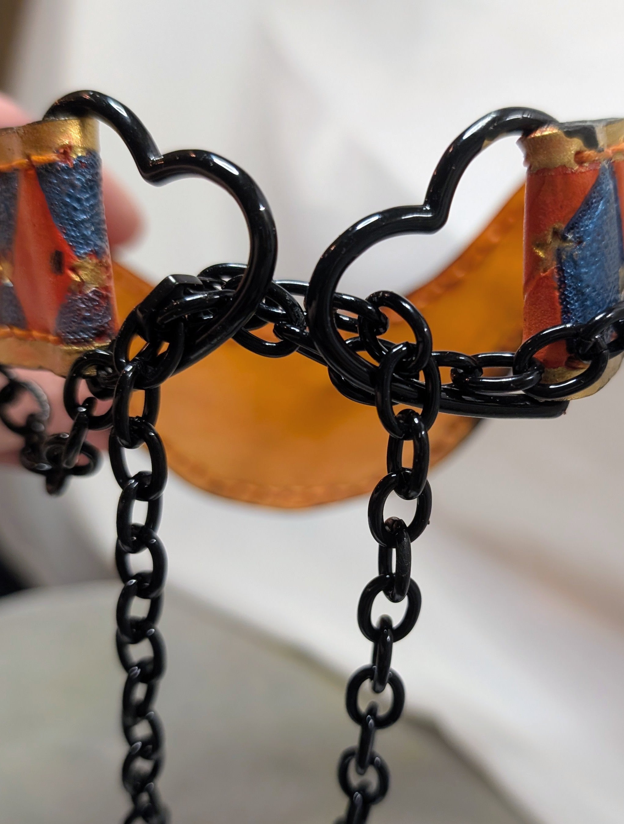 Orange choker chain leather collar with snap hooks