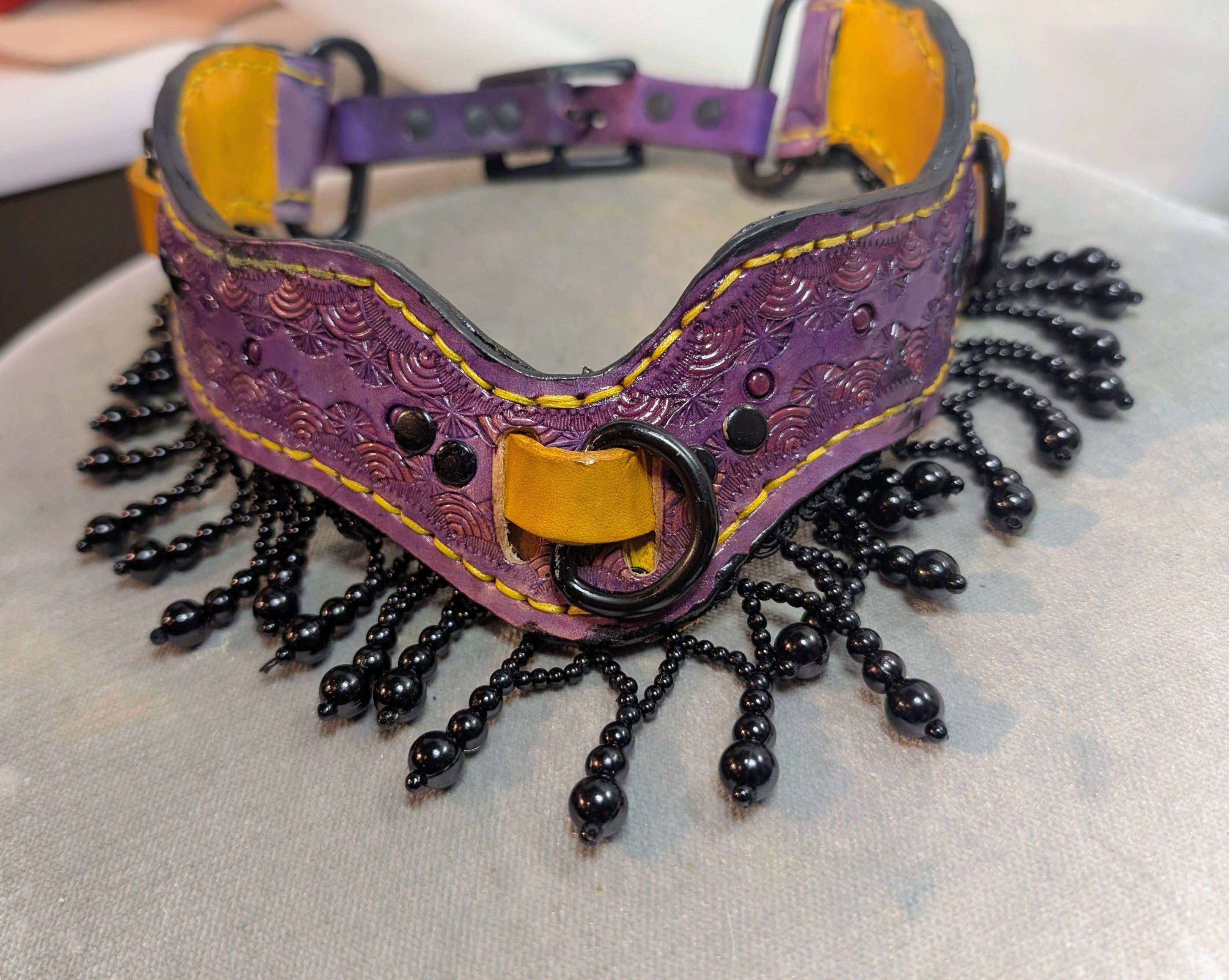 Rebel Cut Buckled Working Collar with Beaded tassel, Purple with Yellow