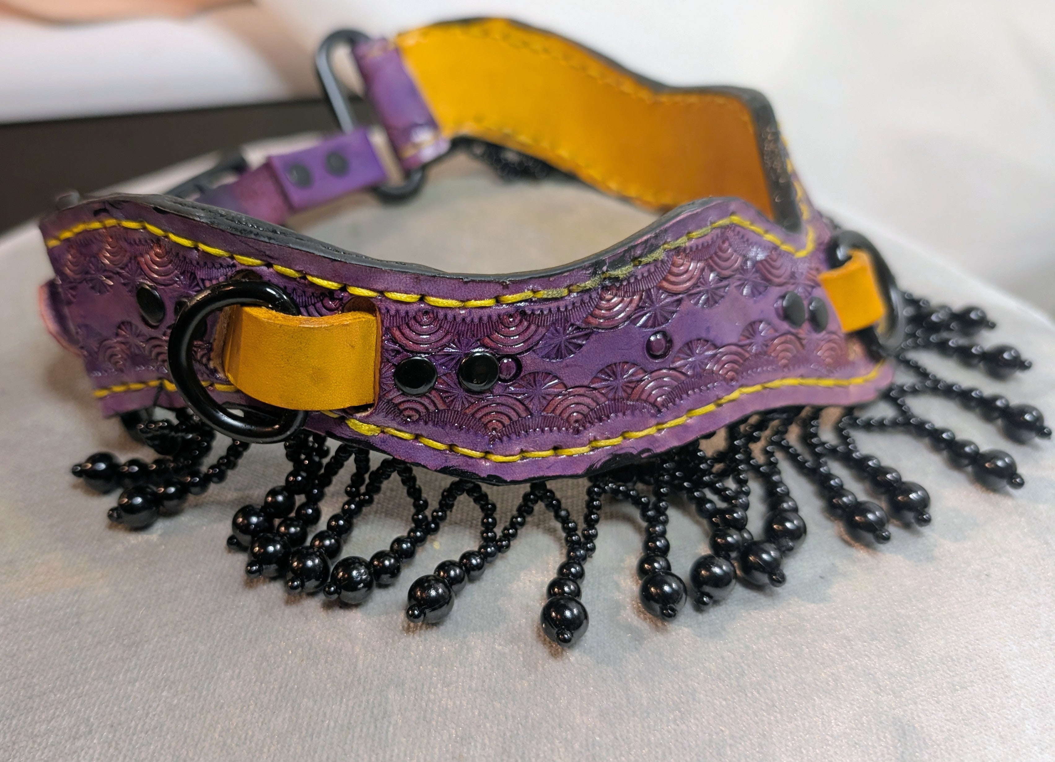 Rebel Cut Buckled Working Collar with Beaded tassel, Purple with Yellow