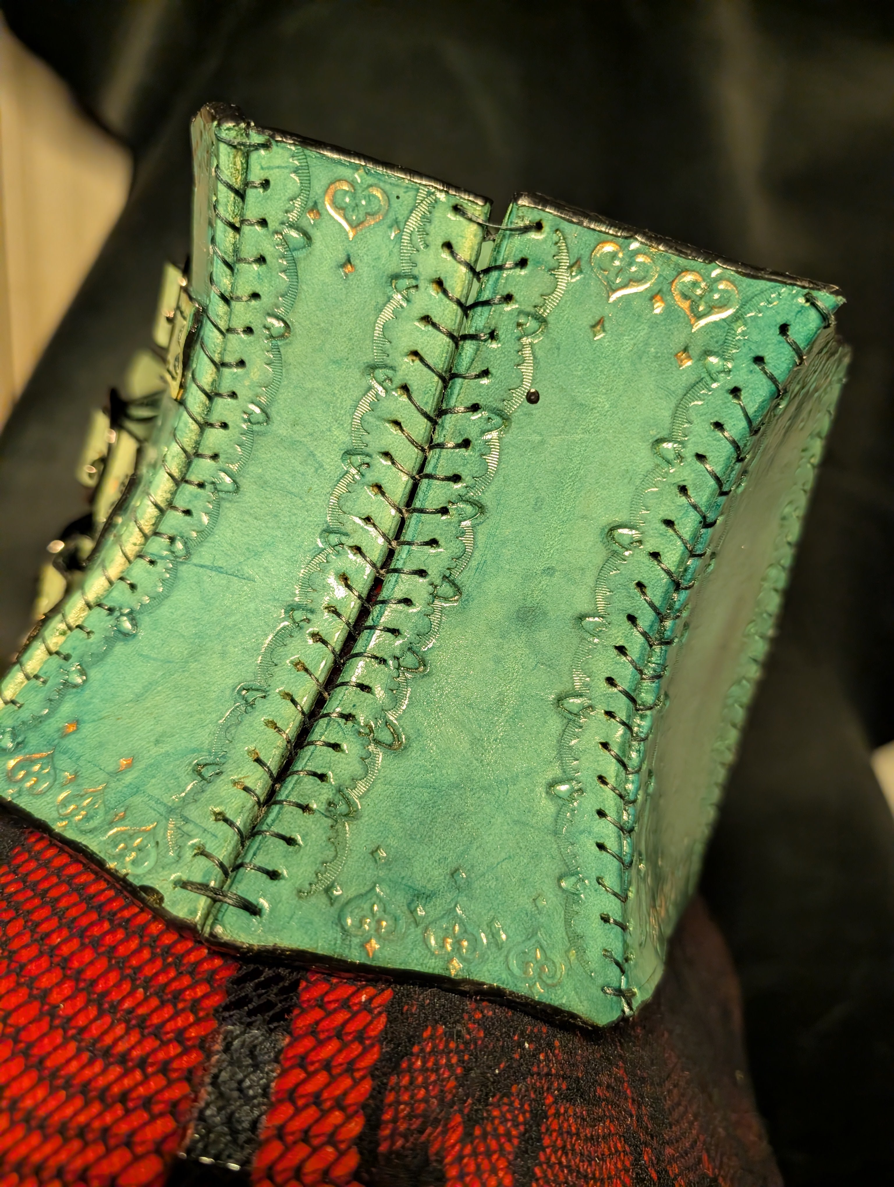 Posture Collar, unlined. Teal green leather