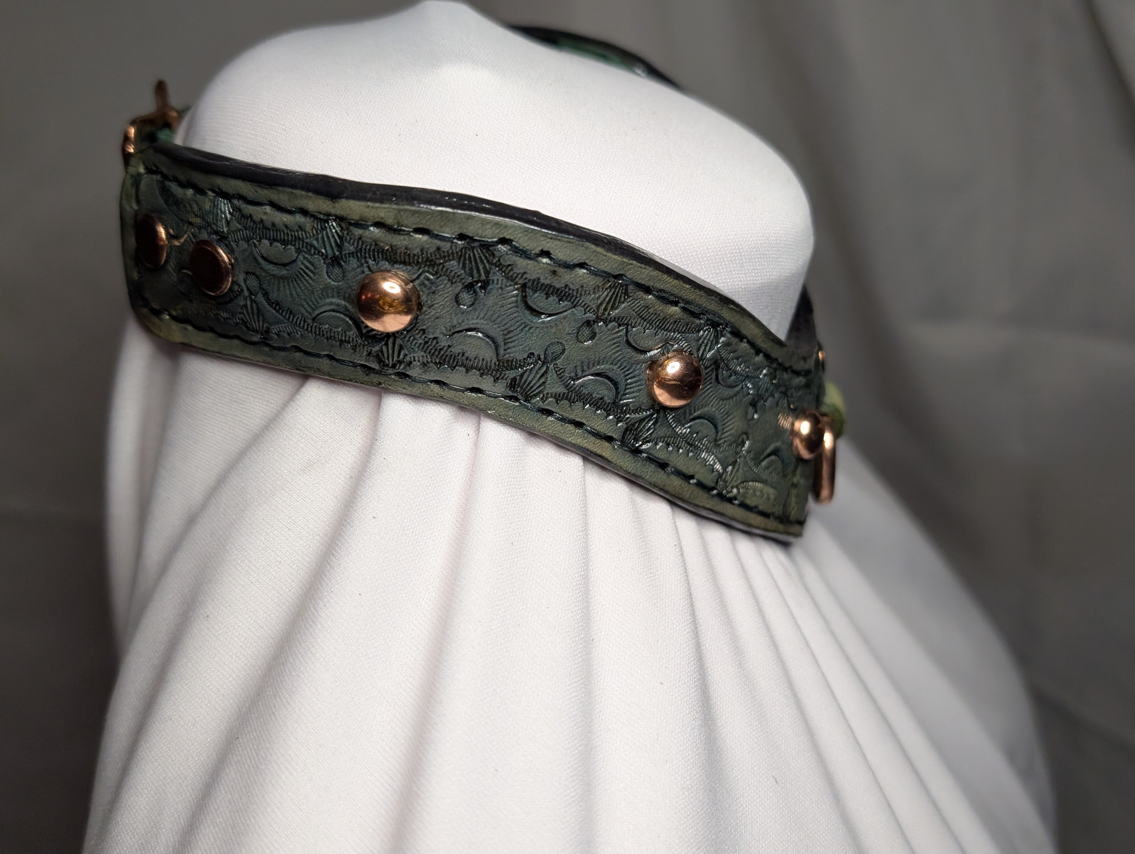 Teal green buckled crescent-cut working collar w/ copper plate studs and lead ring