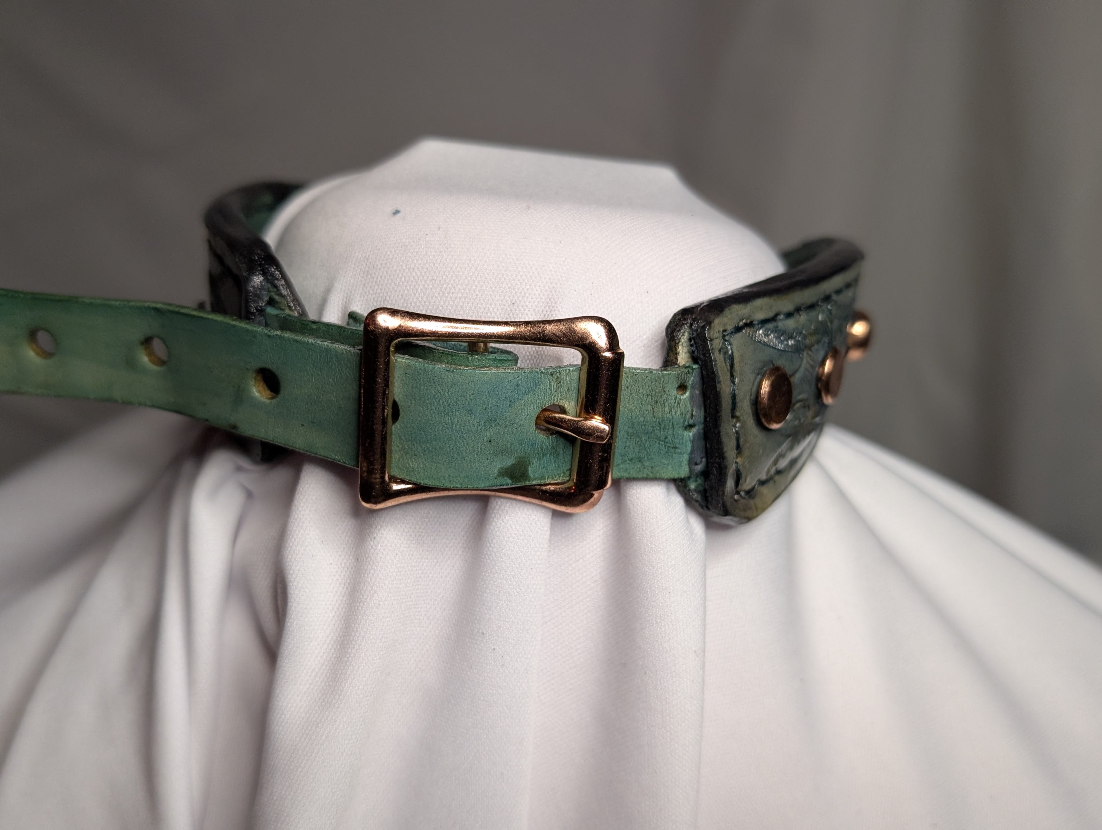 Teal green buckled crescent-cut working collar w/ copper plate studs and lead ring