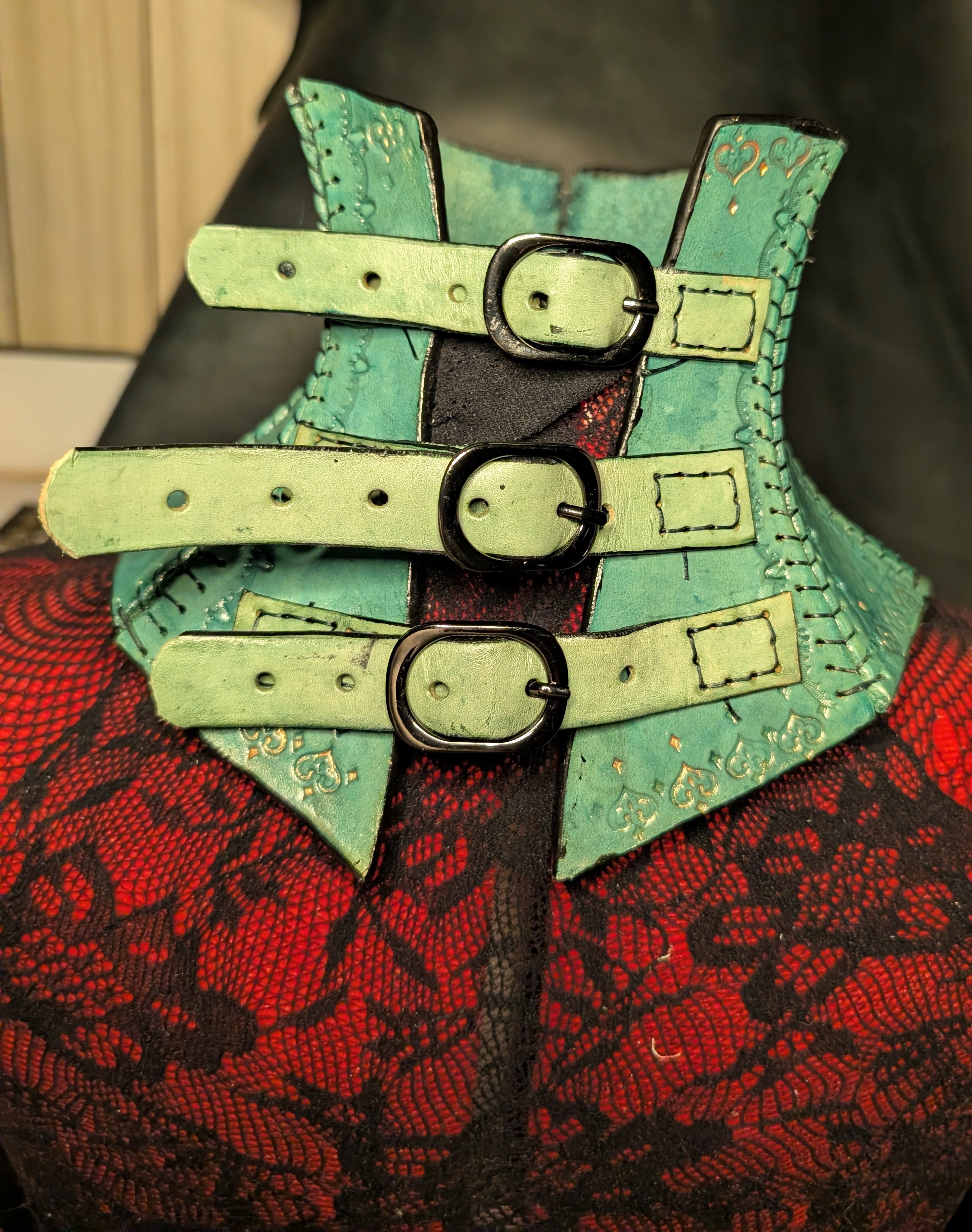 Posture Collar, unlined. Teal green leather